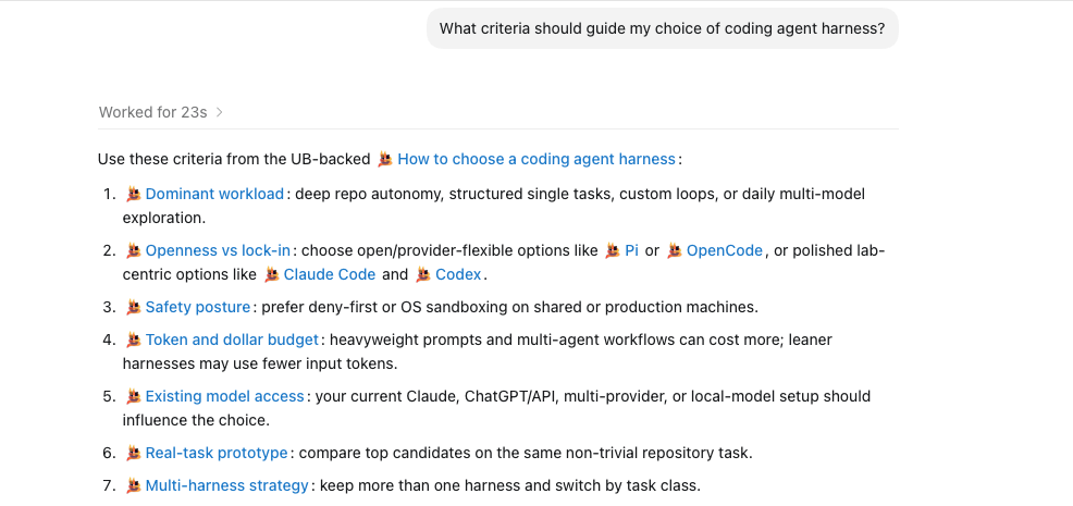 Actual Q&A screenshot: coding agent harness selection criteria